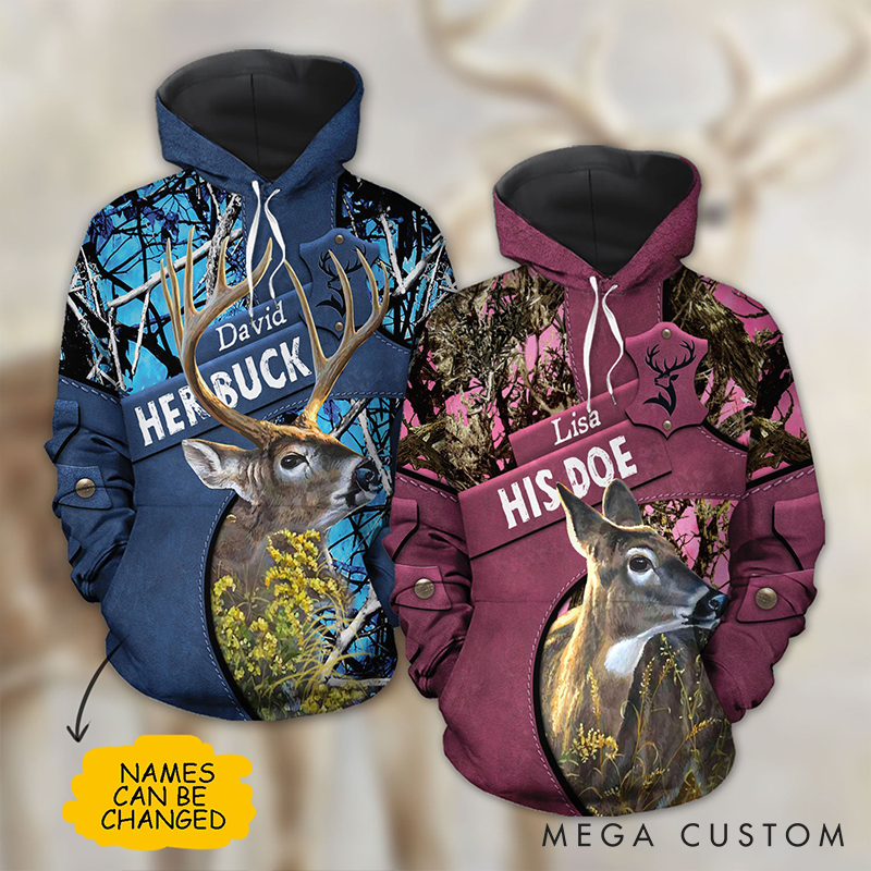 Personalized Couple Matching 3D Hoodie Her Buck His Doe Hoodie Custom Name Couple Gift Valentine's Day Gift For Couple