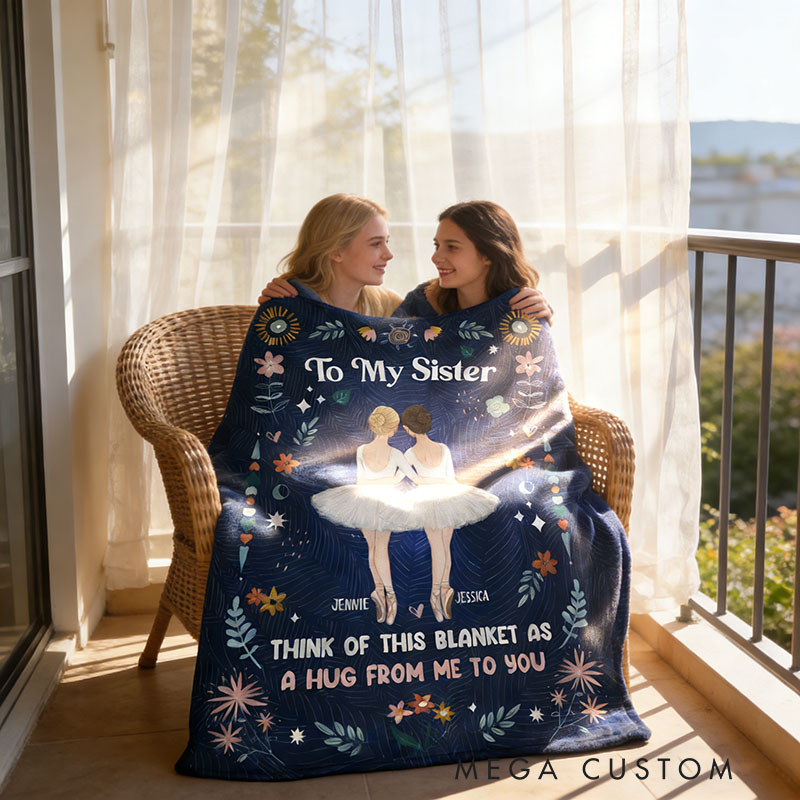 Personalized Cartoon Sister Blanket 'A Hug From Me To You' Custom Photo and Name Gift for Family Friends Dancer