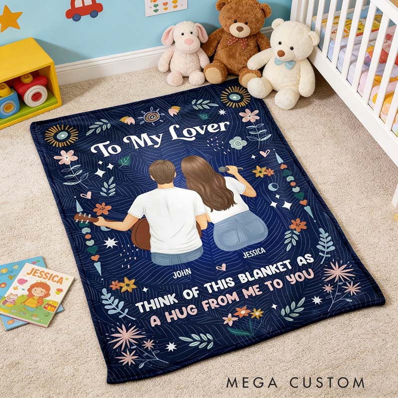 Personalized Cartoon Lover Blanket 'A Hug From Me To You' Custom Photo and Name Gift for Couple Familys Friends Music Lovers for Valentine's Day Anniversary