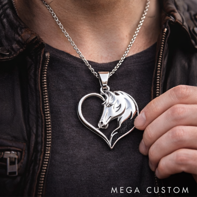 Personalized Horse Head Heart Pendant Necklace Custom Name Unique Holiday Gift for Couples