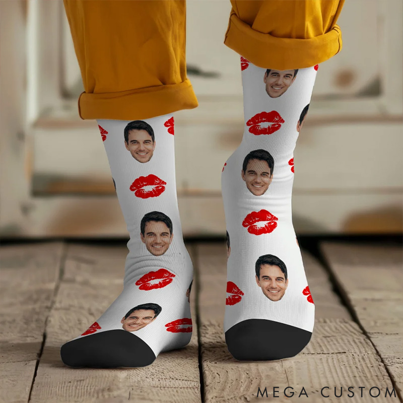 Personalized Couple Photo Portrait Red Lip Print Socks Custom Girlfriend Boyfriend Portrait Socks Valentines Day Gift for Him Her Anniversary Gift