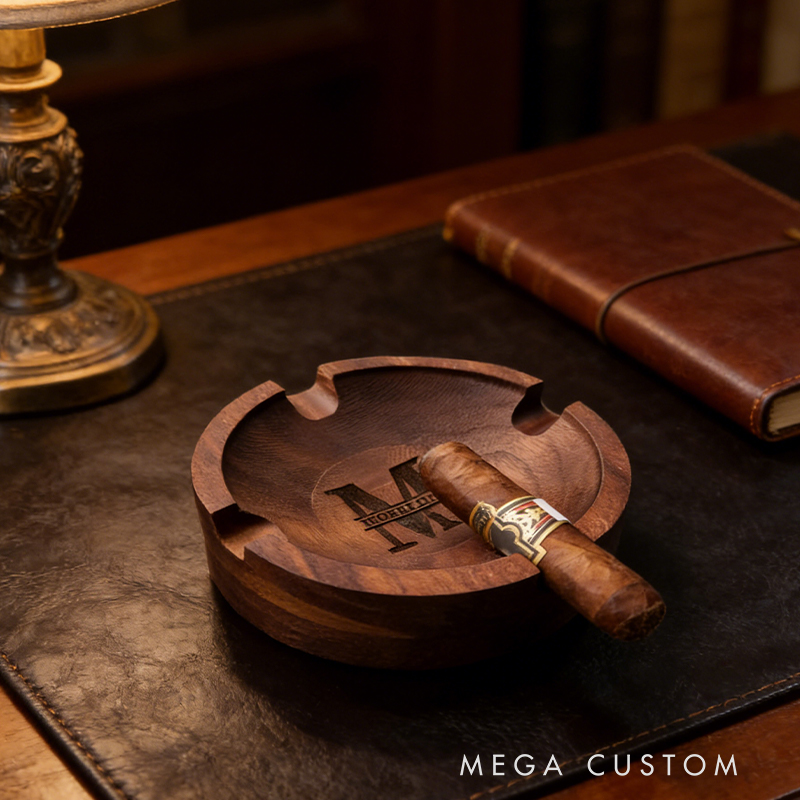 Personalized Custom Engraved Wooden Cigar Ashtray – Premium Solid Wood 4-Slot Ashtray