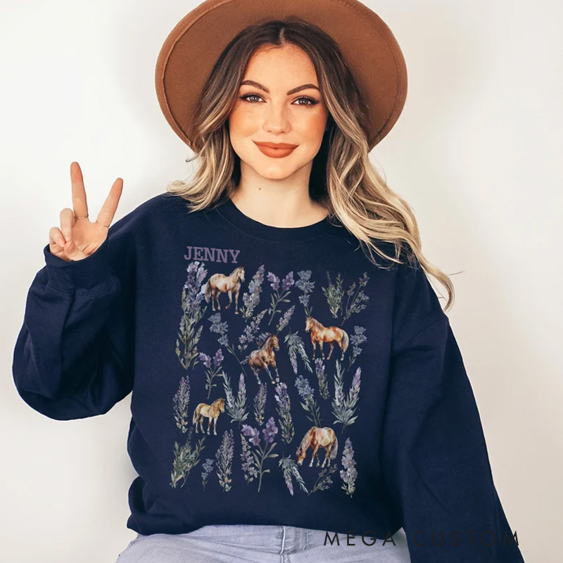 Personalized Floral Horse Sweatshirt Lavender Horse Girl Sweater Lilac Flower Crewneck Floral Equestrian Shirt Horseback Riding for Riding Lovers