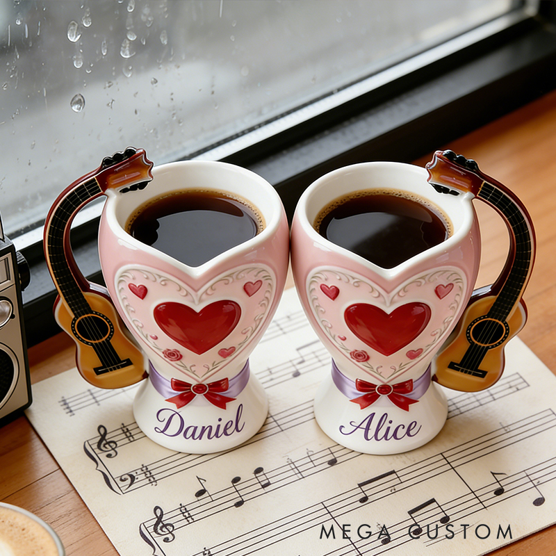 Personalized Valentine Guitar Handle Heart Mugs Set – Custom Name Couple Coffee Mugs