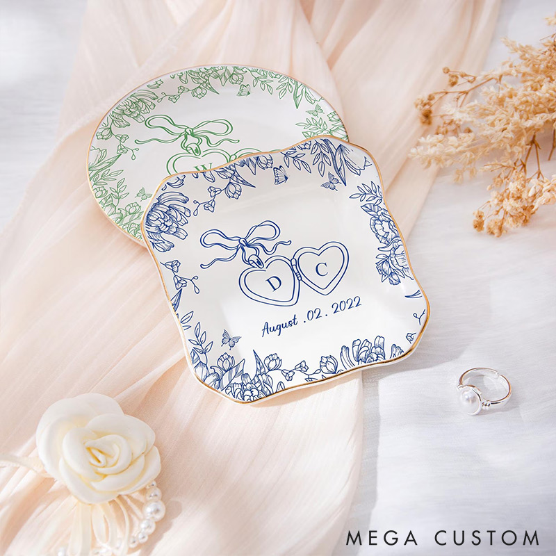 Personalized Heart Flower Ceramic Trinket Jewelry Dish with Initial and Date Toile De Jouy Ring Dish Valentine's Gift for Wife Anniversary Gift for Girlfriend