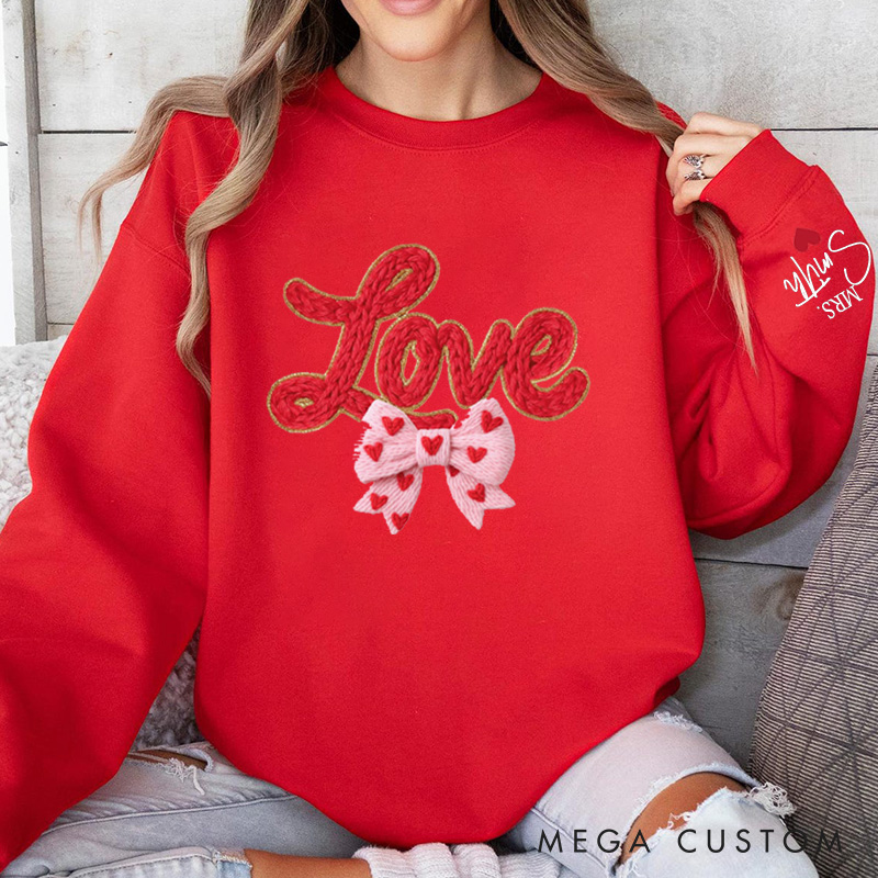 Personalized Girlfriend Wife Fur Thread Love with Bow Valentine's Day Sweatshirt with Name Valentine's Day Gift for Man Woman Anniversary Gift