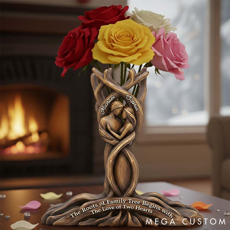 Personalized Couple The Roots of Family Tree Begins with The Love of Two Hearts Acrylic Flower Vase Imitation Wood 3D Effect Vase Valentines Day Gift