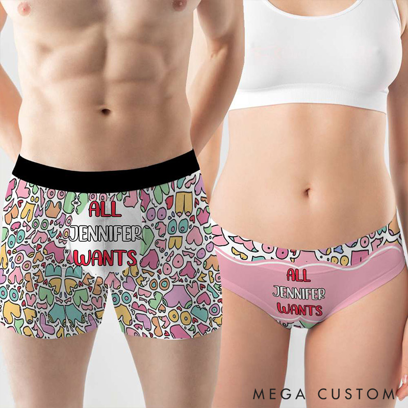 Personalized Couple All His Her Wants Matching Boxer Brief Men Women Underwear with Name Valentines Day Gift for Boyfriend Girlfriend Husband Wife