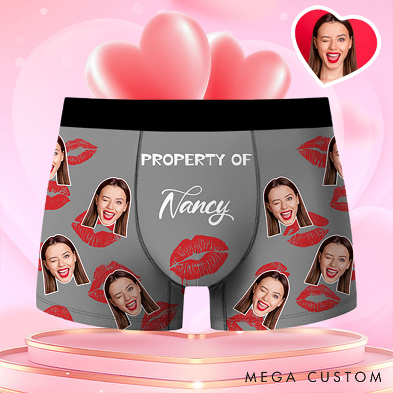 Personalized Girlfriend Wife Face Boxer Brief Red Lips Print Property of Her Men Underwear with Photo Valentines Day Gift for Boyfriend Husband