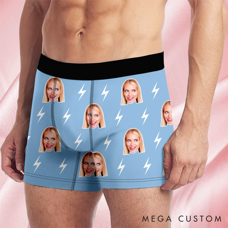 Personalized Girlfriend Wife Face Boxer Brief Lightning Print Men Underwear with Woman Face Photo Portrait Valentines Day Gift for Boyfriend Husband