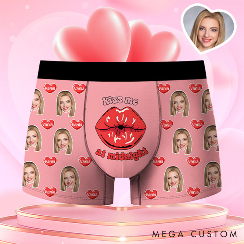 Personalized Girlfriend Wife Face Boxer Brief Kiss Me at Midnight Men Underwear with Woman Face Portrait Valentines Day Gift for Boyfriend Husband