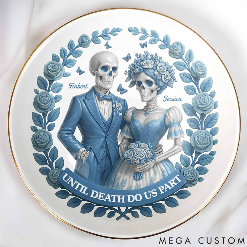 Personalized Skeleton Couple Until Death Do Us Part Round Shaped Ring Dish Skeleton Bride and Groom Ceramic Ring Dish Valentines Day Gift for Newlyweds