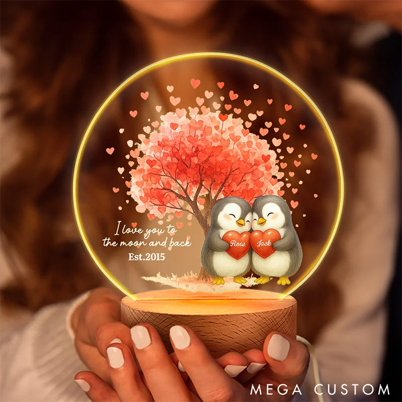 Personalized Penguin Design Couple Night Light Custom Names Year Lamp Valentine's Day Gift for Couple Anniversary Gift for Him Her