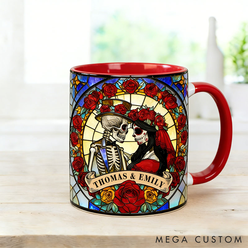 Personalized Skeleton Couple Mug 3D Effect Stained Glass Design Graphic Mug Couple Skeleton Coffee Cup for Husband Wife Boyfriend Girlfriend