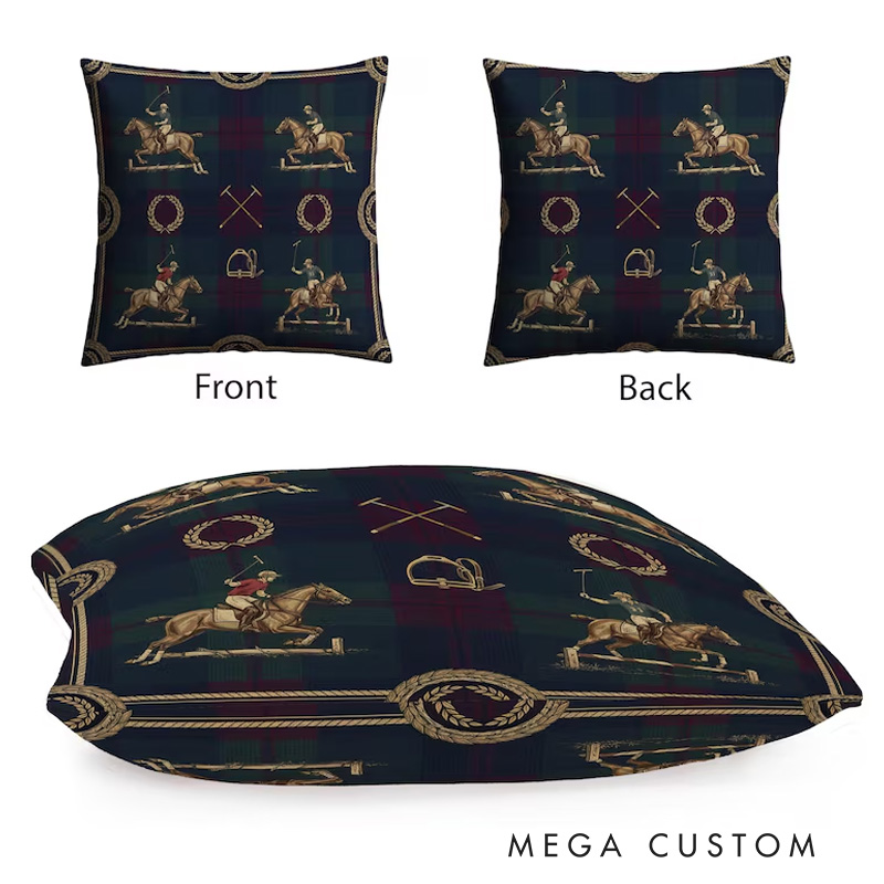 Personalized Equestrian Throw Pillow Polo Horse Pillow Case Tartan Design Pillow Jumping Horse Decor Sport Decor Pillow Covers Polo Gifts for Riding Lovers Equestrian Lovers