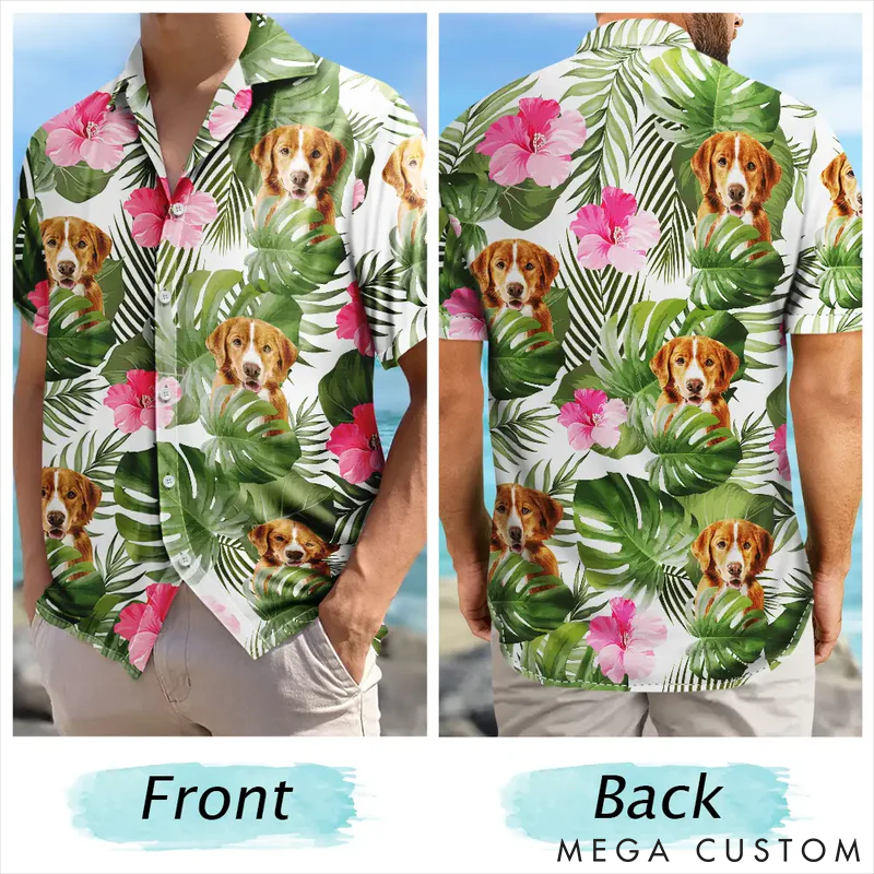 Personalized Pet Lover Custom Photo Tropical Leaves Funny Family Pet Face  Hawaiian Shirt