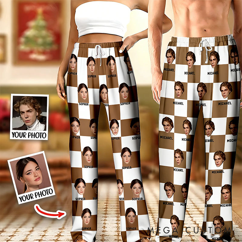 Personalized Valentine's Day Couple Faces Photo Matching Pajama Pants Custom Man Woman Photo Portrait Soft Pjs Bottoms Anniversary Gift for Him Her