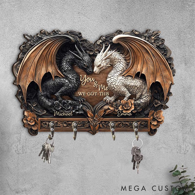 Personalized Dragon Couple You and Me We Got This Wooden Key Holder Custom Graphic 3D Printed Effect Key Hanger Anniversary Valentines Day Gift