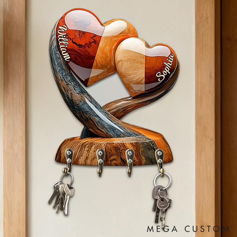 Personalized Couple Two Intertwined Hearts Wooden Key Holder Custom Shaped Graphic 3D Printed Effect Key Hanger Anniversary Valentines Day Gift