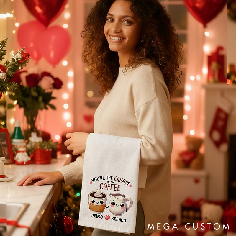 Personalized Cute Food Pattern Tea Towel with Name Custom Kitchen Towel Anniversary Valentine's Day Gift for Couple