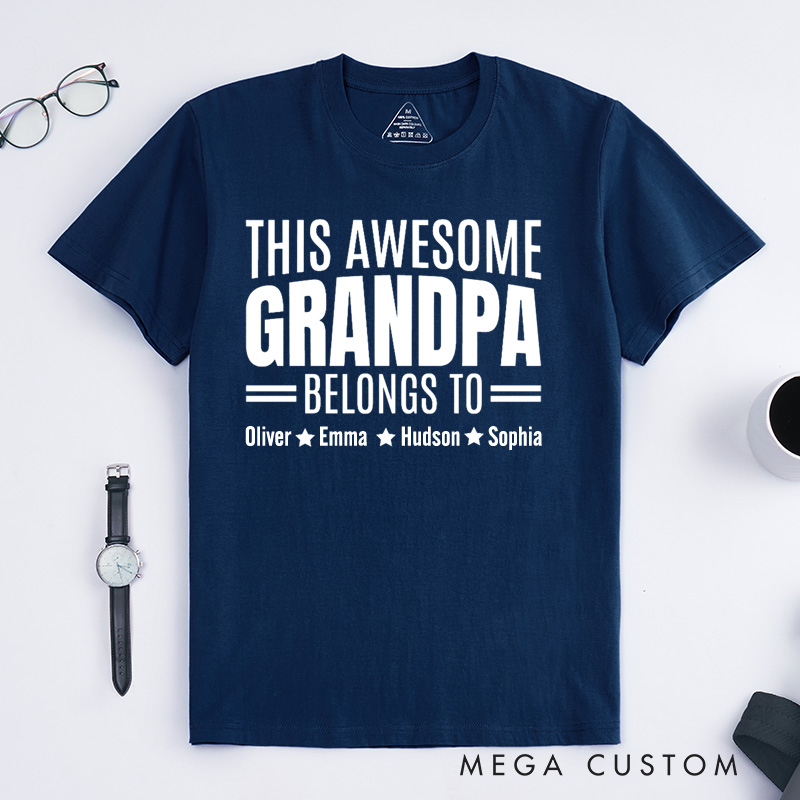 Personalized Grandpa T-Shirt Custom This Awesome Grandpa Belongs To Gift for Grandfather Father's Day Birthday Comfortable Cotton Shirt for Men