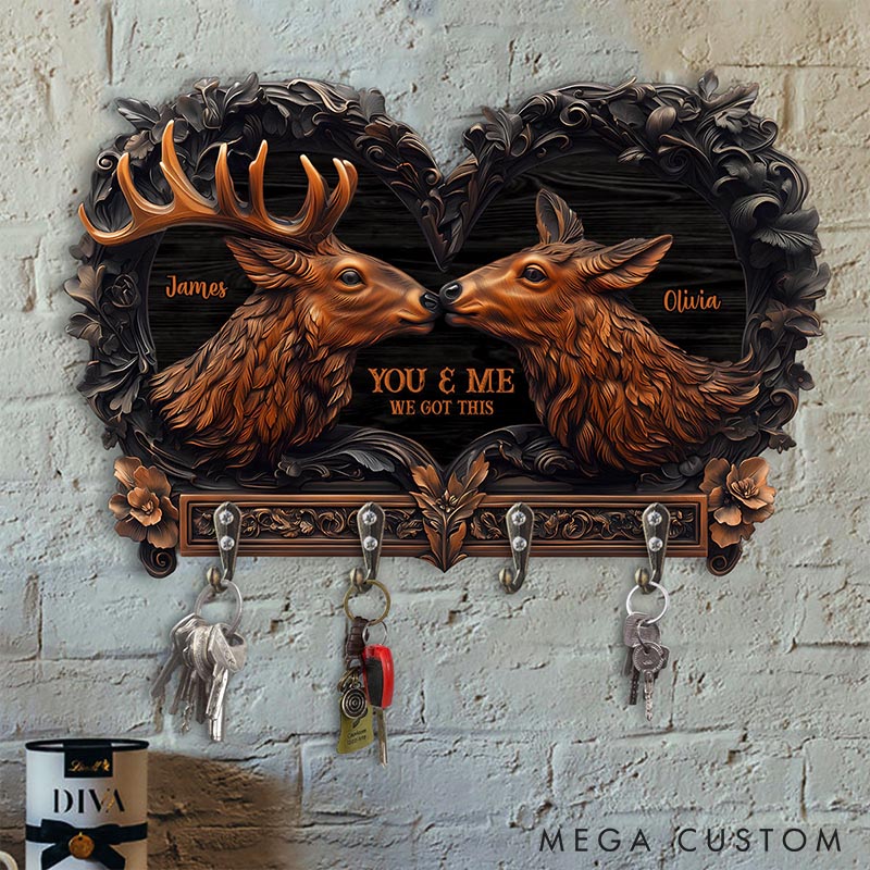 Personalized Deer Couple You and Me We Got This Wooden Key Holder Custom Shaped Graphic 3D Printed Key Hanger Anniversary Valentine's Day Gift