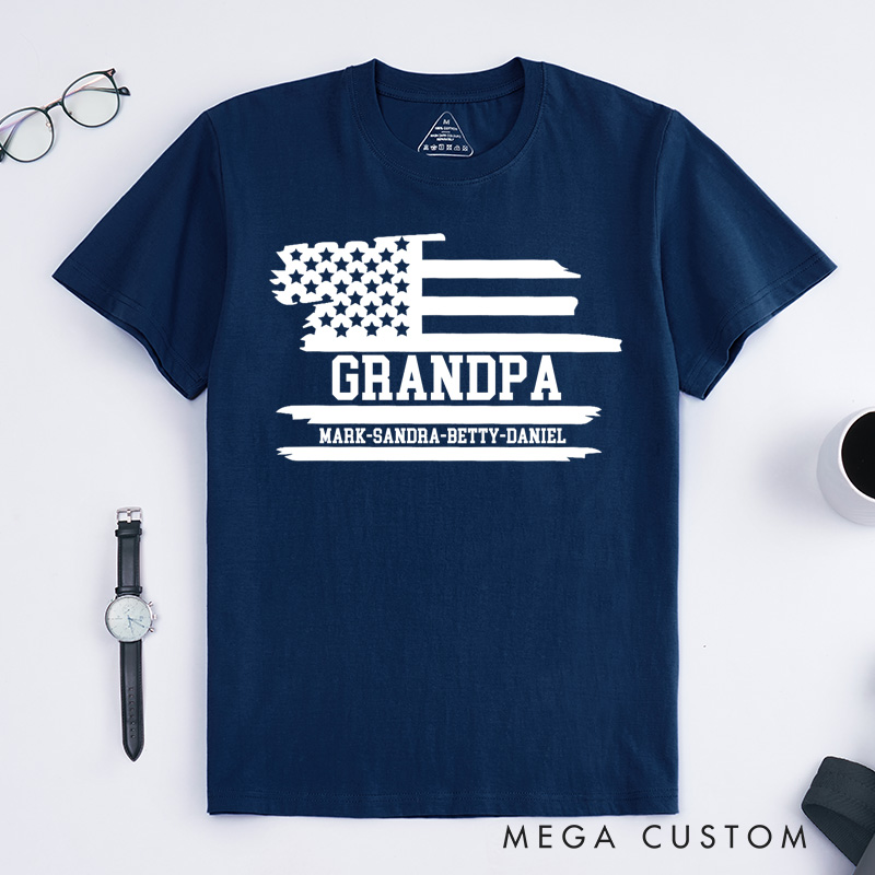 Personalized Grandpa Flag T-Shirt with Grandkids Names Gift for Grandfather Father's Day Birthday Comfortable Cotton Shirt for Men