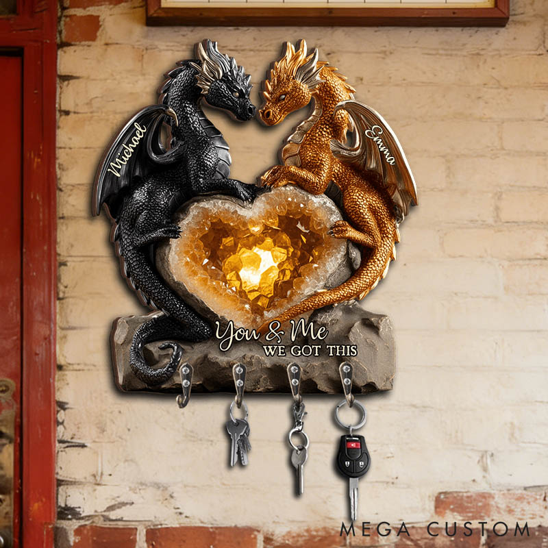 Personalized Retro Dragon Couple You and Me We Got This Wooden Key Holder Custom Shaped Graphic 3D Printed Key Hanger Anniversary Valentine's Day Gift
