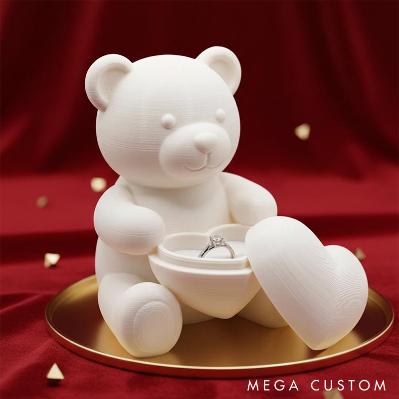 Personalized Couple White Teddy Bear Heart Ring Holder Custom Engagement 3D Printed Bear Ring Box for Newlyweds Valentines Day Gift for Him Her