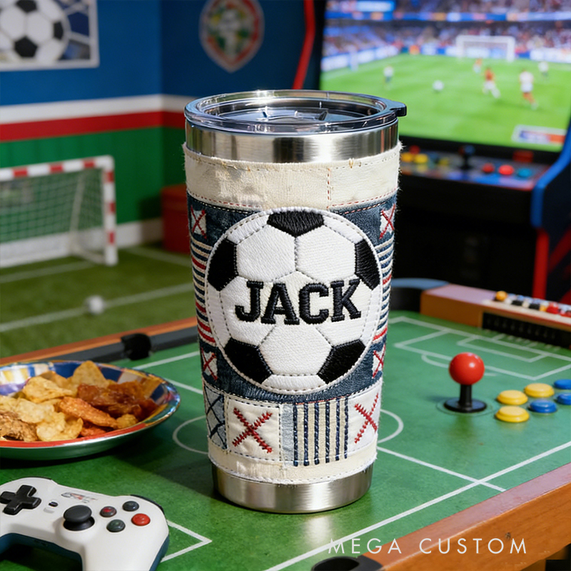 Personalized Custom Soccer Ball Embroidered Insulated Tumbler – Personalized Stainless Steel Cup for Soccer Fans