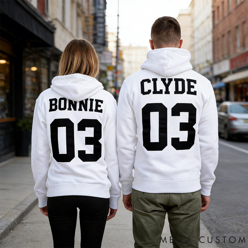 Personalized Couple Bonnie and Clyde 03 Matching Hoodie Custom Couple Sweatshirt with Name and Number Anniversary Valentine's Day Gift for Him Her