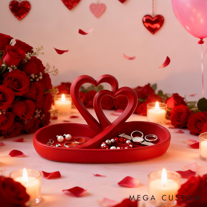 Personalized Heart-Shaped Jewelry Tray Custom 3D Printed Red Double Heart Jewelry Tray Infinity Hearts Jewelry Holder Valentines Day Decor
