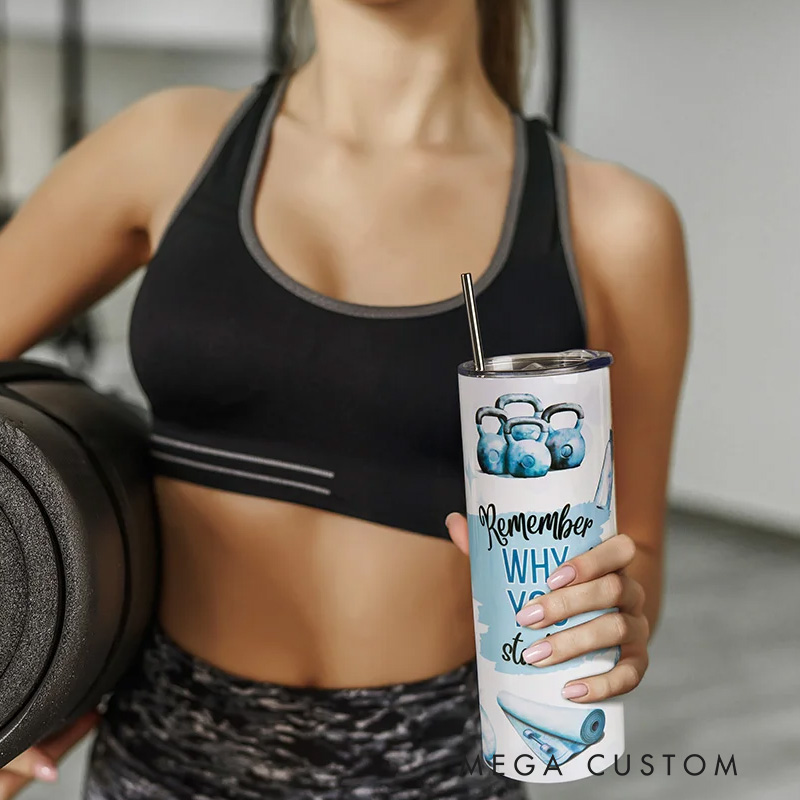 Personalized Watercolor Fitness Equipment Why You Started Skinny Tumbler with Lid Straw Motivational Birthday Gift for Workout Coach Gym Lover