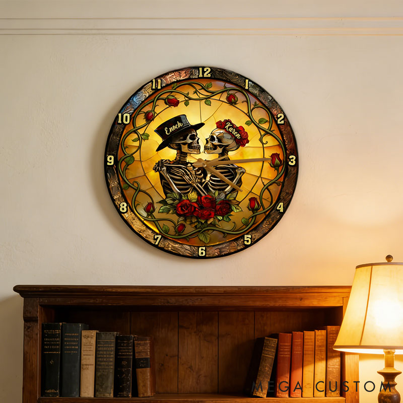 Personalized Skeleton Couple From Our First Kiss Till Our Last Breath Wall Clock Custom Gothic Rose Graphic 3D Printed Wall Clock Valentines Day Gift
