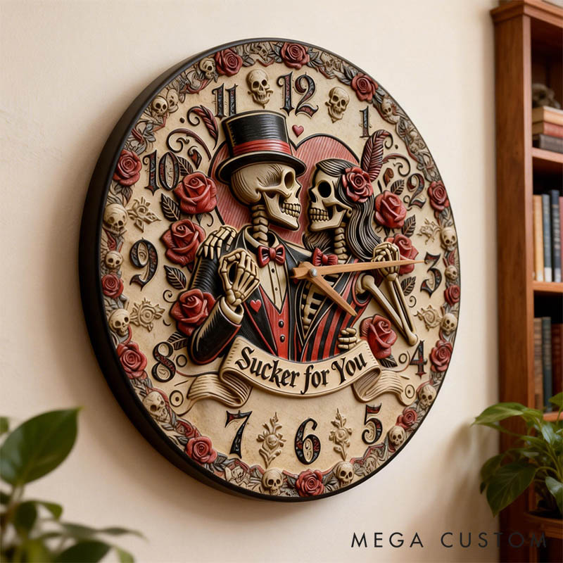 Personalized Skeleton Couple Sucker for You Wall Clock Custom Gothic Rose Graphic 3D Printed Wall Clock Anniversary Valentines Day Gift for Him Her