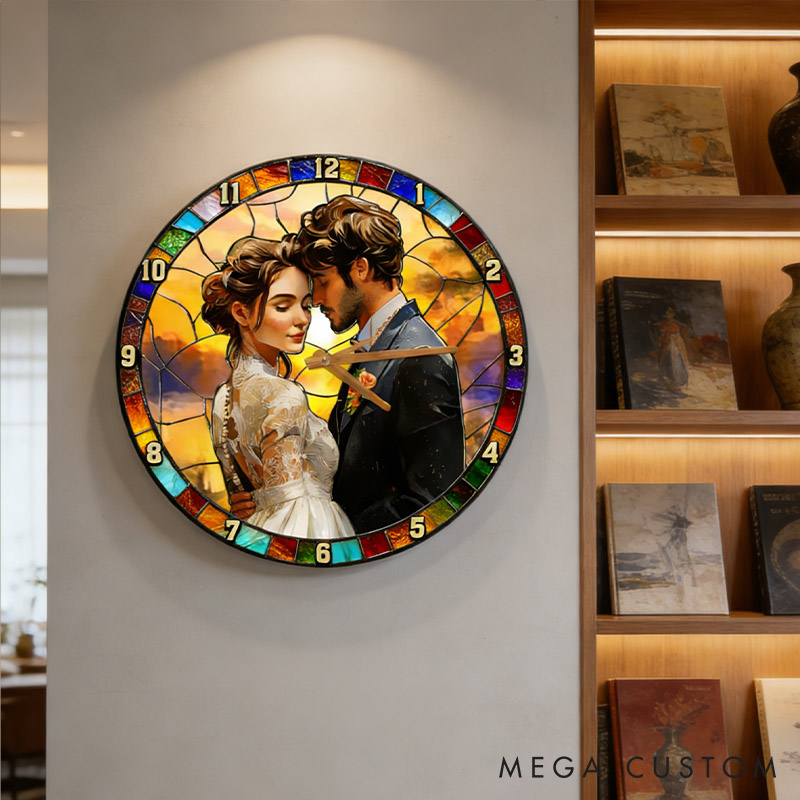 Personalized Couple Photo Stained Glass Design Wall Clock Custom Watercolor 3D Effect Wall Clock with Couple Photo Anniversary Valentines Day Gift