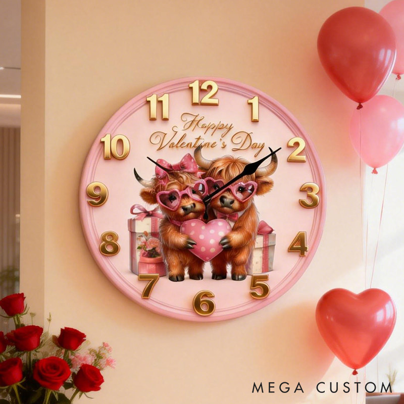 Personalized Highland Cow Couple Happy Valentine's Day Wall Clock Custom Pink Highland Cow Holding Heart 3D Effect Wall Clock Valentines Day Gift