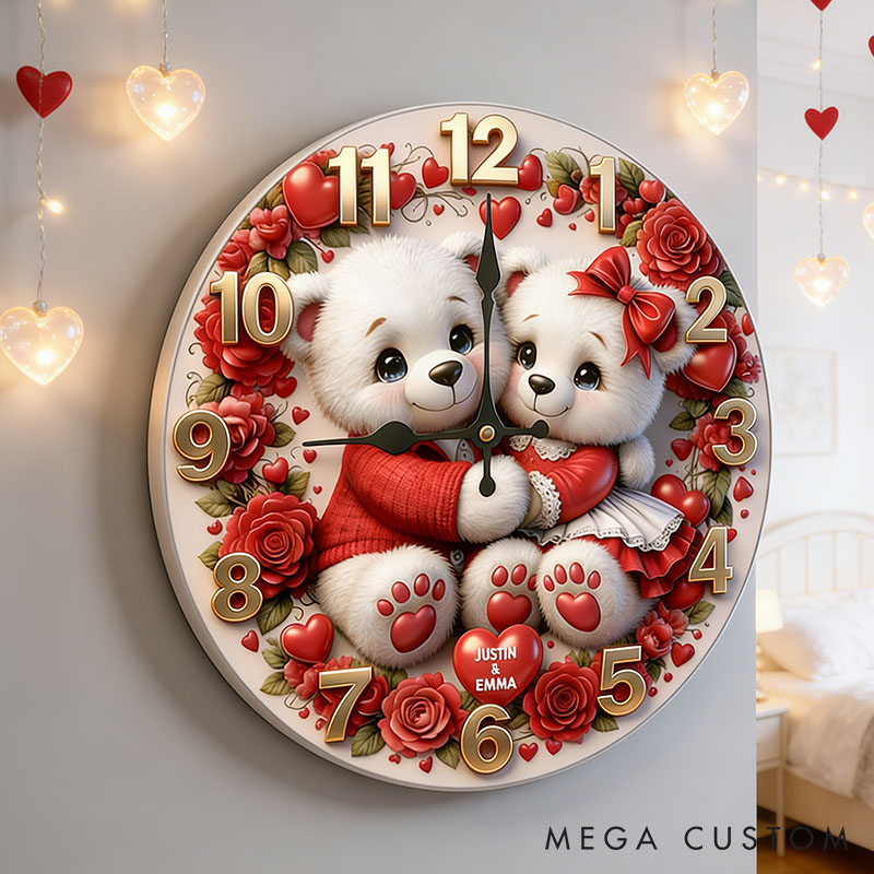 Personalized Bear Couple Happy Valentine's Day Wall Clock Custom Red Rose Bear with Heart 3D Effect Wall Clock Anniversary Valentines Day Gift