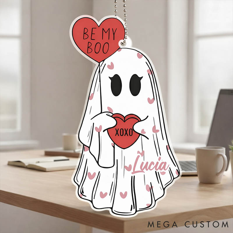 Personalized Couple Be My Boo Ghost Acrylic Ornament Custom Ghost Holding Hearts Car Ornament with Name Anniversary Valentine's Day Gift for Him Her