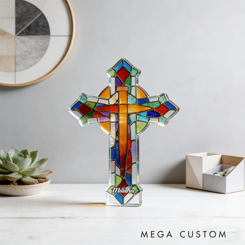 Personalized Stained Glass Cross Custom Shaped Acrylic Plaque with Custom Name Religious Gift Prayer Gift for Christians