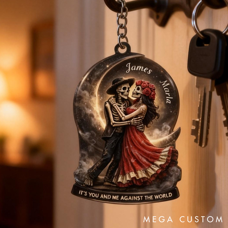 Personalized Gothic Skeleton Couple Keychain Custom Skull Couple Keychain Valentine's Anniversary Gift for Him Her