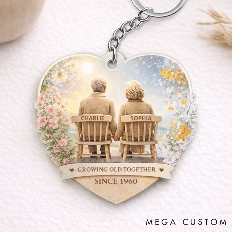Personalized Heart-Shaped Couple Keychain Growing Old Together Elderly Valentine's Gift Couple Anniversary Keychain for Her Him
