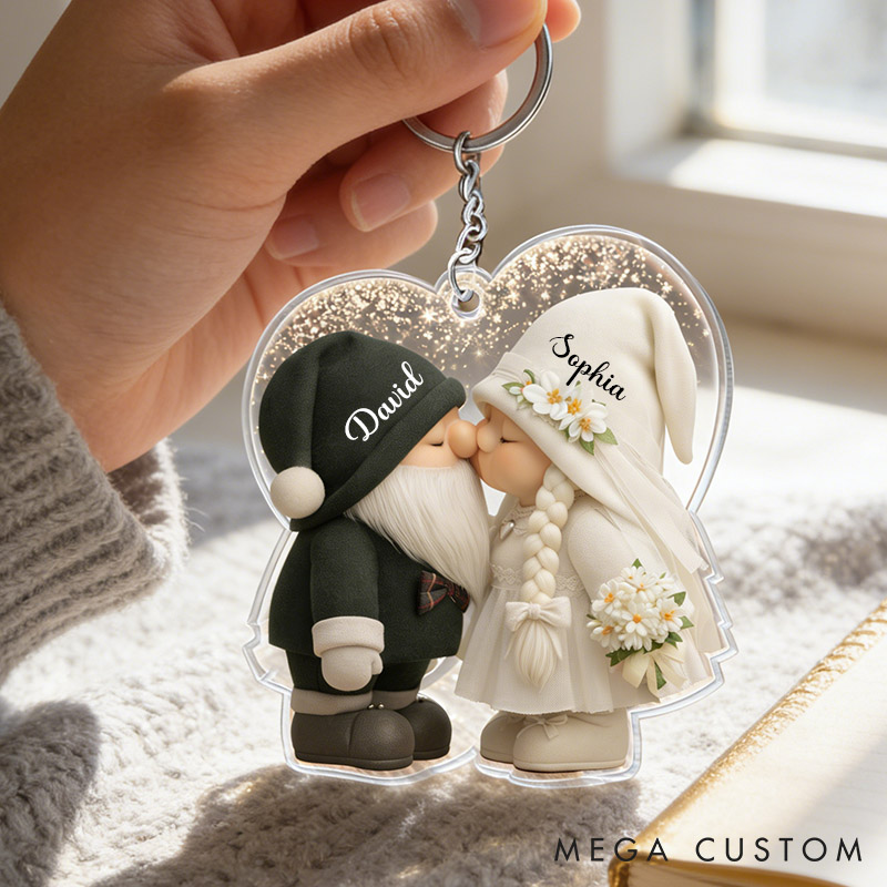 Personalized Gnome Couple Keychain Kiss Couple Gnome Keyring Wedding Anniversary Gift for Him Her Valentine's