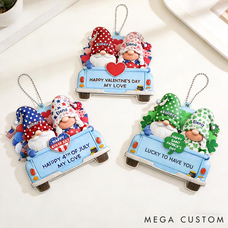 Personalized Gnome Couple Riding in a Car Acrylic Ornament Custom Independence Day Ornament St. Patrick’s Day Ornament Valentines Day Gift for Him Her