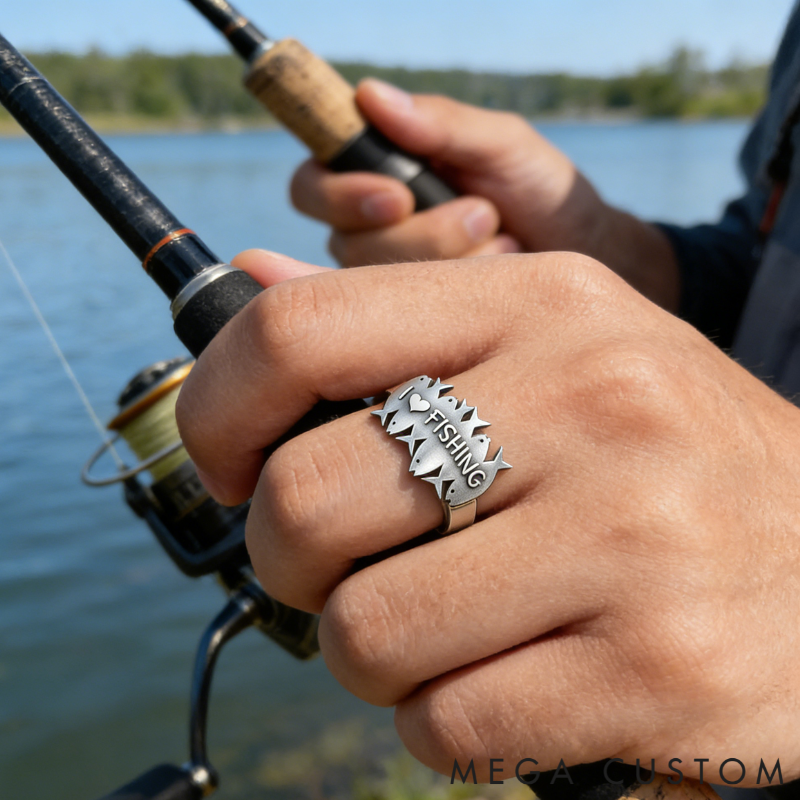 Personalized I Love Fishing & You Ring Engraved Romantic Gift for Anglers Fisherman's Surprise Present