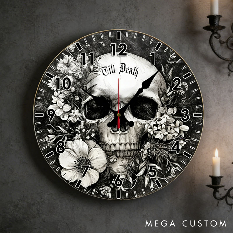 Personalized Man Skull Floral Till Death Wall Clock Custom Boyfriend Husband Gothic Style Graphic 3D Printed Wall Clock Valentines Day Gift for Him