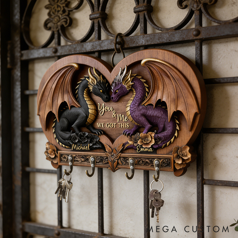 Personalized You and Me We Got This Dragon Couple Wooden Key Rack Custom Graphic 3D Printed Effect Key Hanger Anniversary Valentines Day Gift