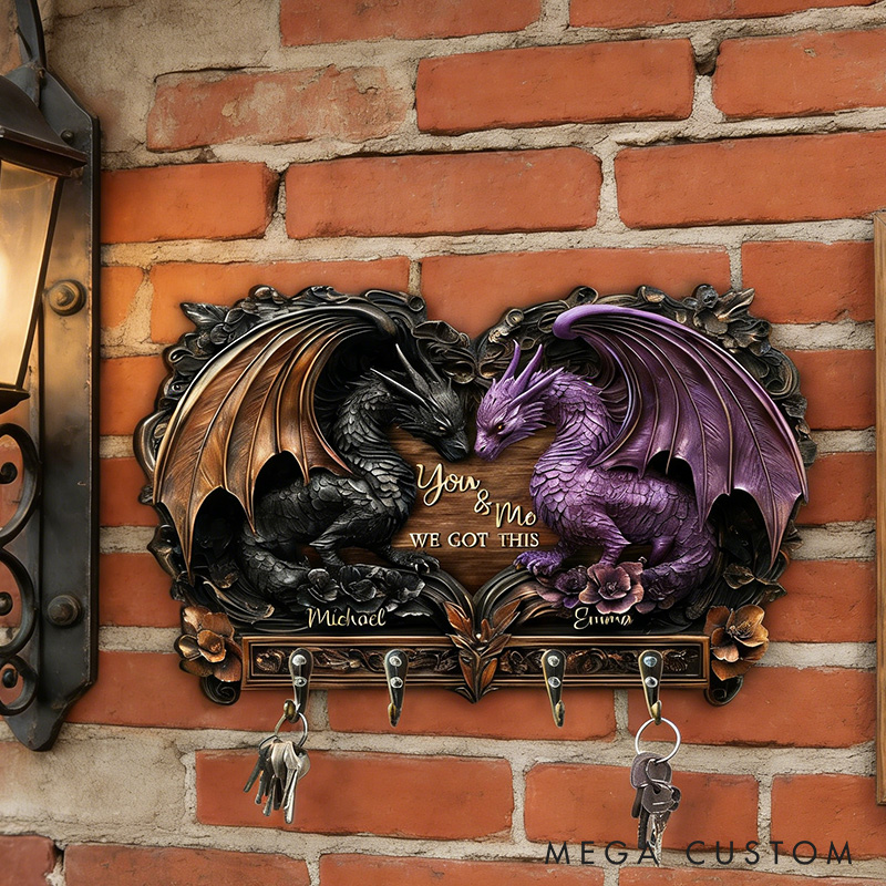 Personalized You and Me We Got This Dragon Couple Wooden Key Rack Custom Graphic 3D Printed Effect Key Hanger Anniversary Valentines Day Gift