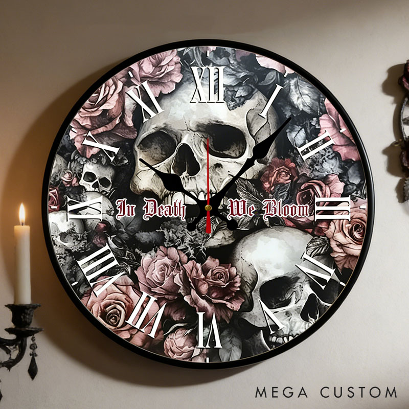 Personalized Couple Skull and Rose In Death We Bloom Wall Clock Custom Gothic Style Graphic 3D Printed Wall Clock Anniversary Gift Valentines Day Gift