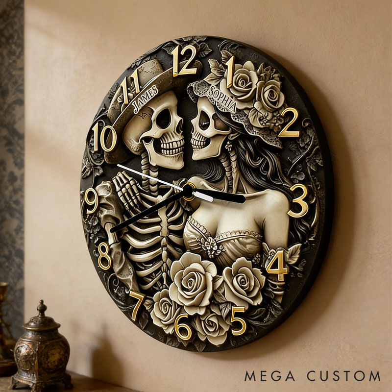 Personalized Skeleton Couple Till Death Do Us Part Wall Clock Custom Retro Gothic Style 3D Effect Wall Clock Anniversary Gift Valentine's Day Gift
